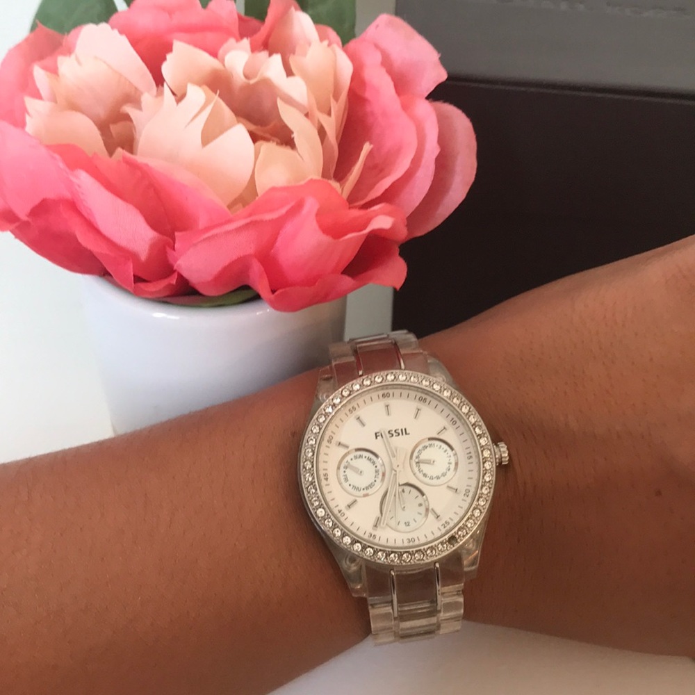 Clear Fossil Watch with crystal bezel